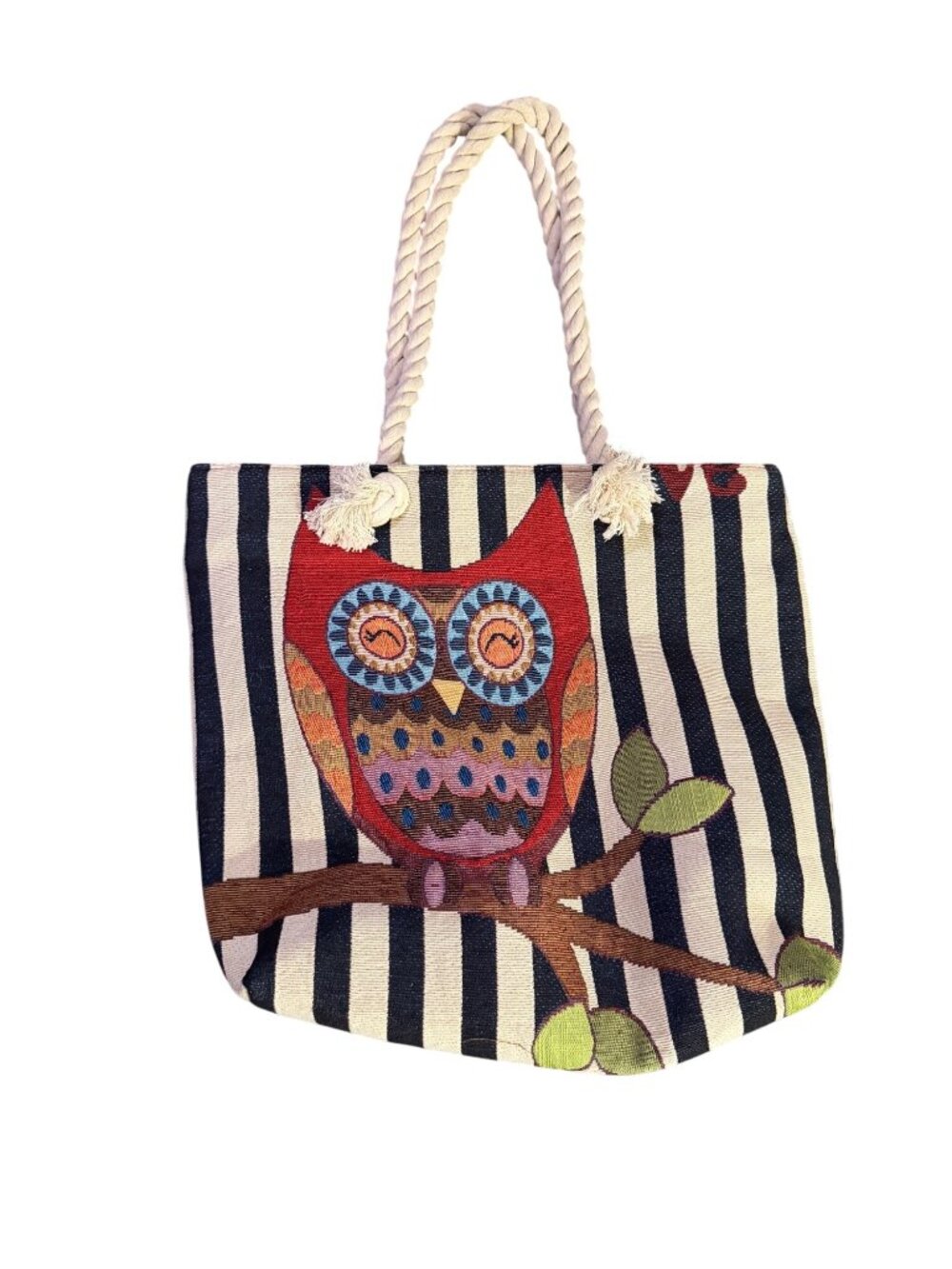 Striped Canvas Tote Bag With Owl Design & Rope Handles 15" x 13" Zipper Closure